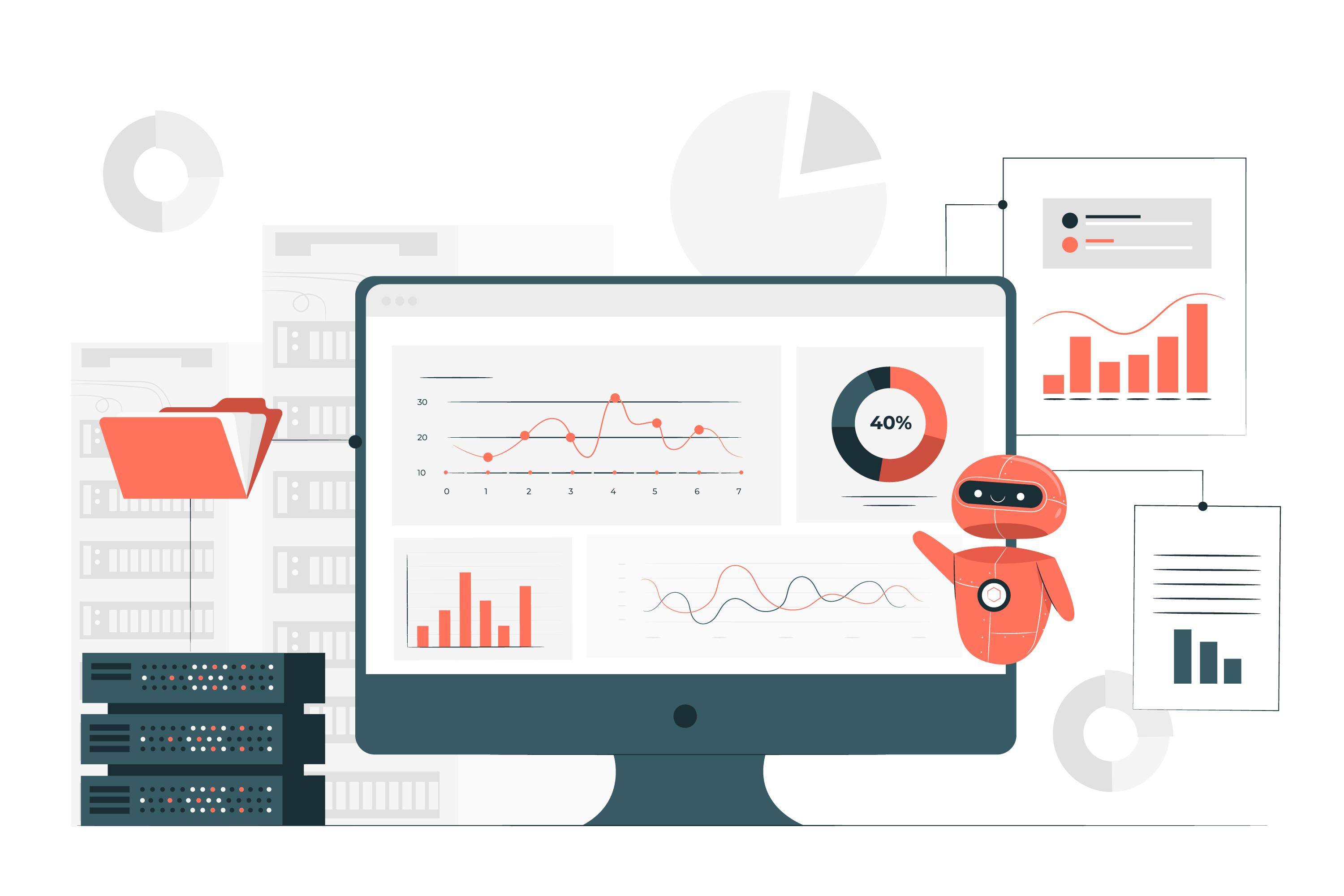 robot pointing to data on computer